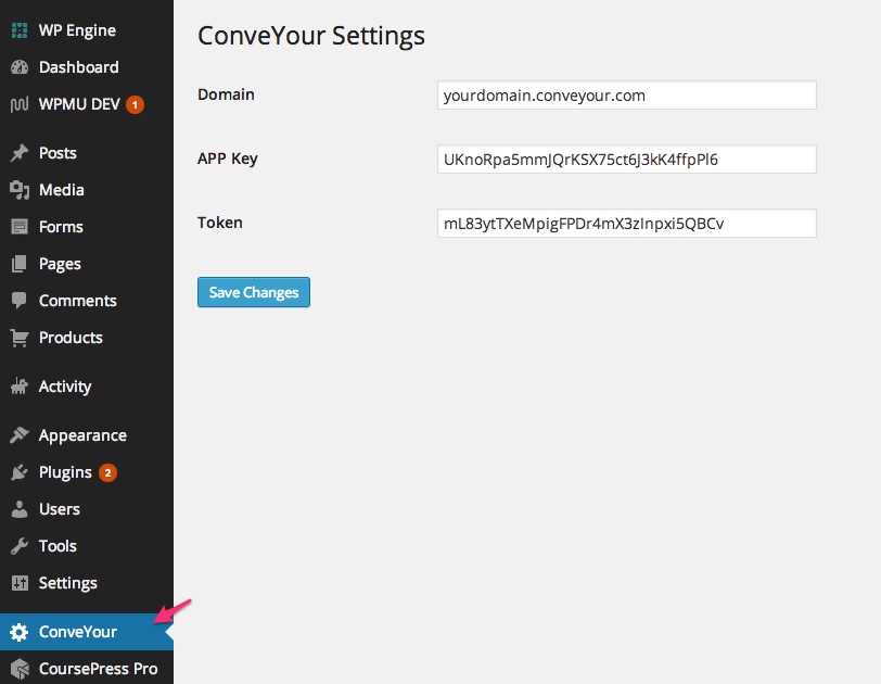 ConveYour for Wordpress plugin settings page